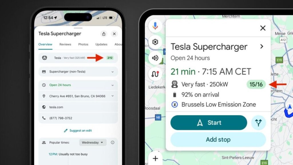 Google Maps can now tell you if a Tesla Supercharger is available